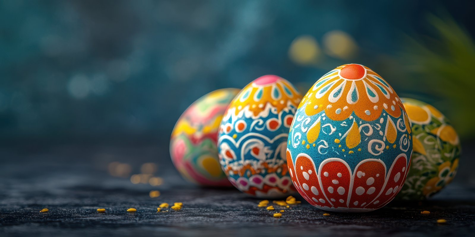 Beautifully decorated decorative eggs displayed on a stone surface during spring festivities